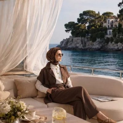 عارضة بطقم بني من Armine Trend على سطح يخت، من إنتاج Armine Trend في موديفو